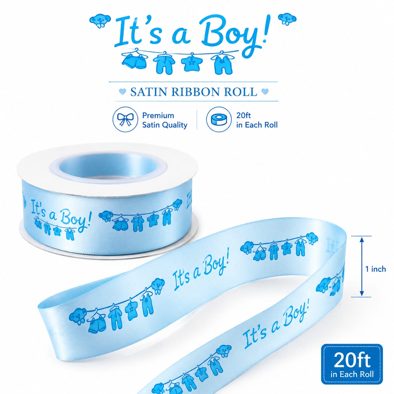 30ft It’s A Baby Boy Gift Satin Blue Ribbon Roll for Baby Boy Announcement Gift Wrapping