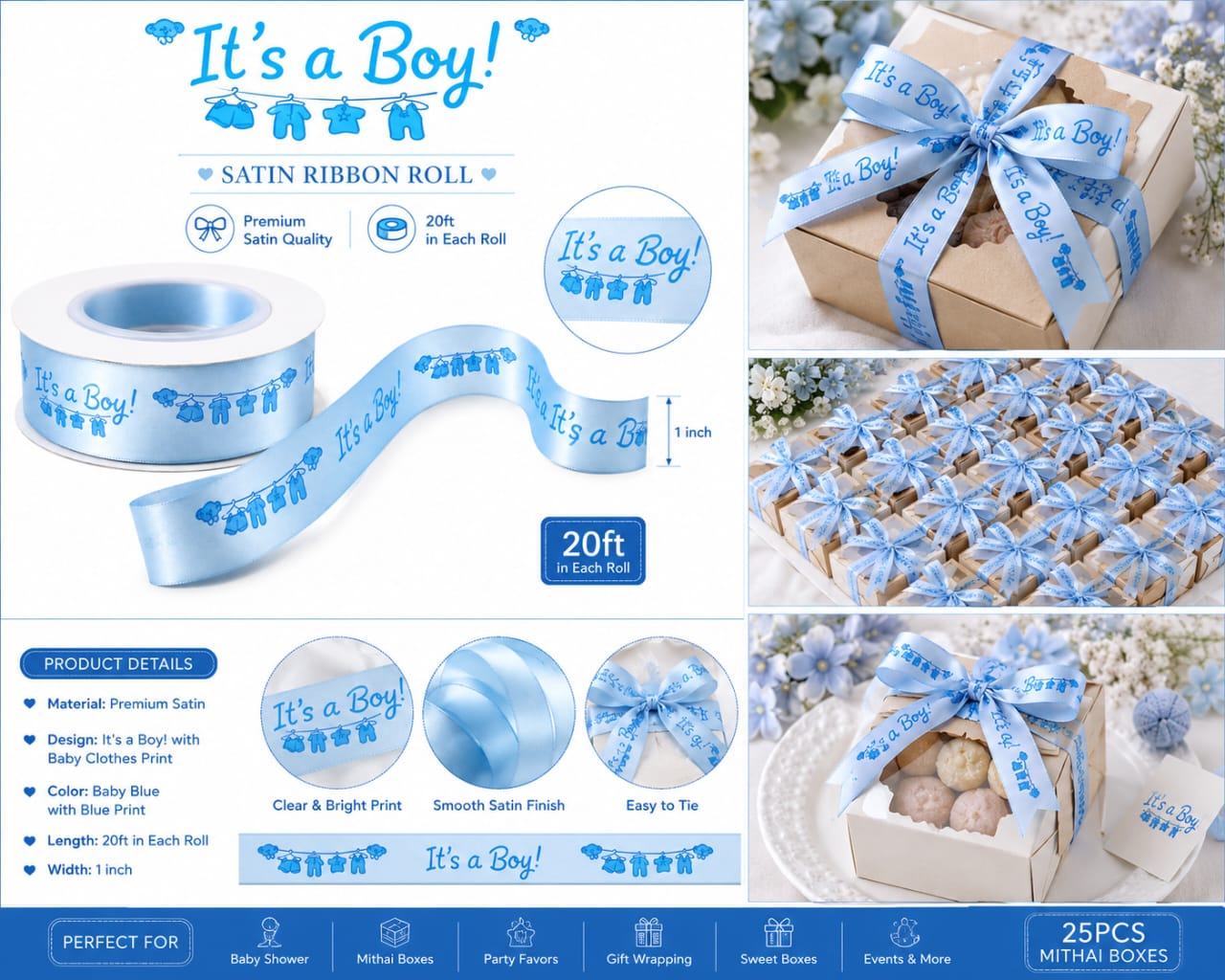 30ft It’s A Baby Boy Gift Satin Blue Ribbon Roll for Baby Boy Announcement Gift Wrapping view 2