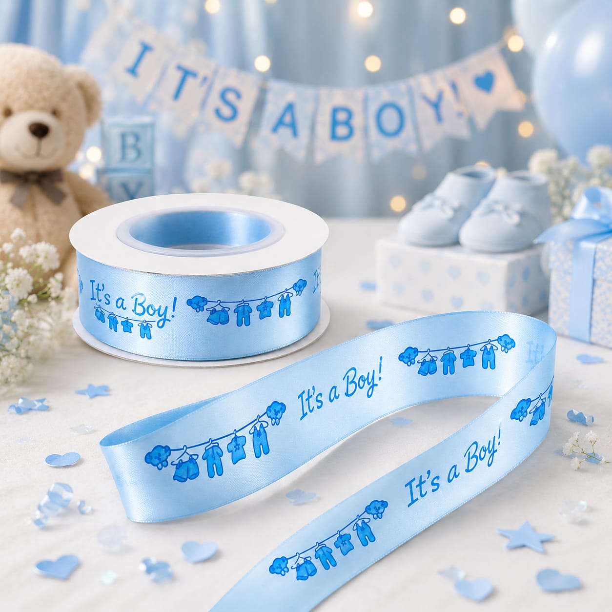 30ft It’s A Baby Boy Gift Satin Blue Ribbon Roll for Baby Boy Announcement Gift Wrapping view 3