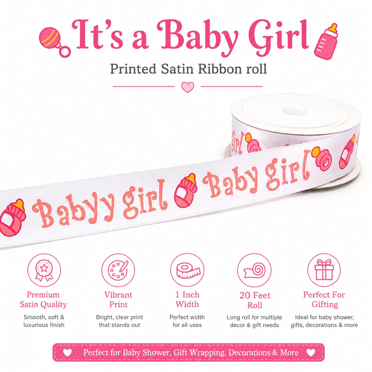 30ft It’s A  Girl Ribbon Roll for Baby Girl Announcement Gift Boxes Wrapping