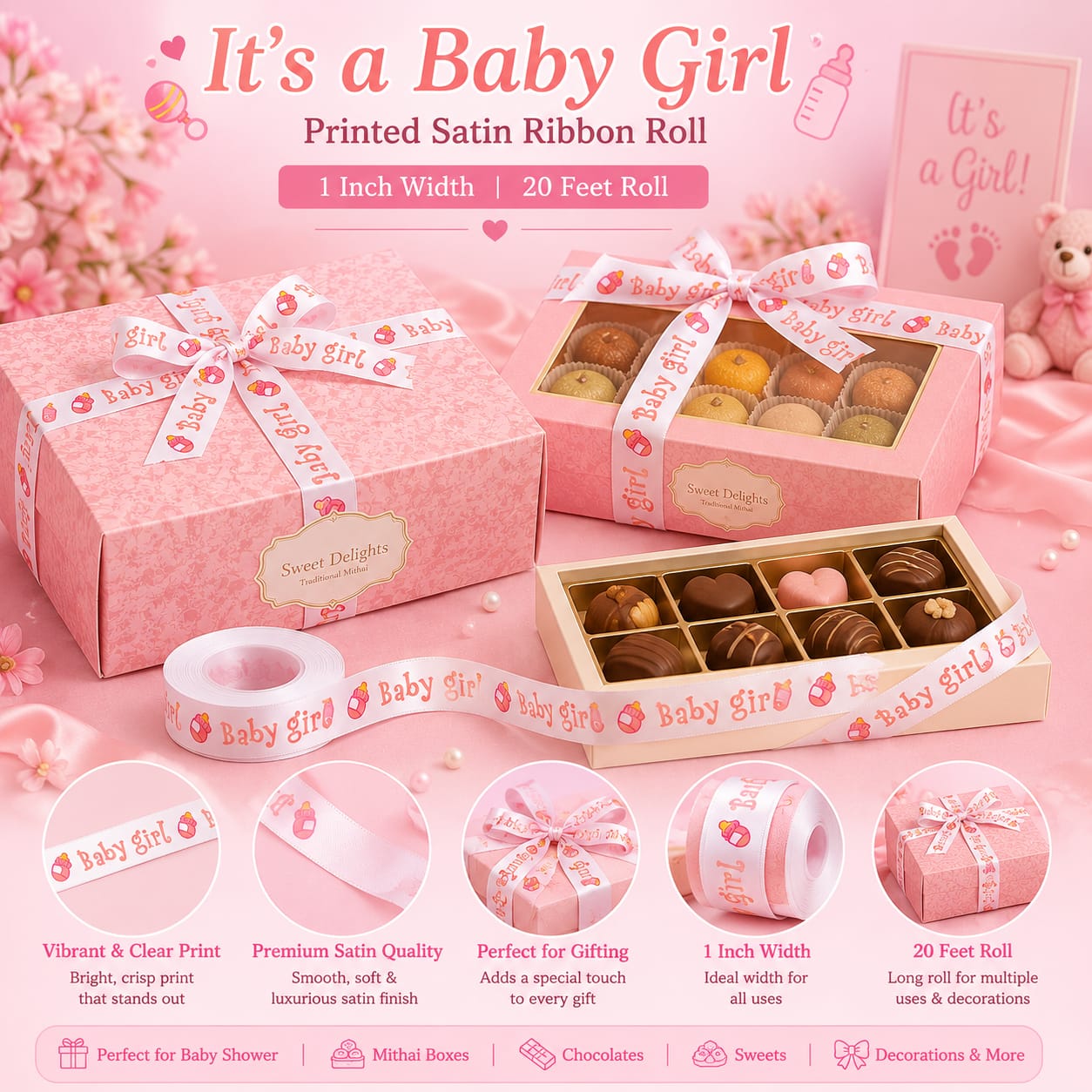 30ft It’s A  Girl Ribbon Roll for Baby Girl Announcement Gift Boxes Wrapping view 2
