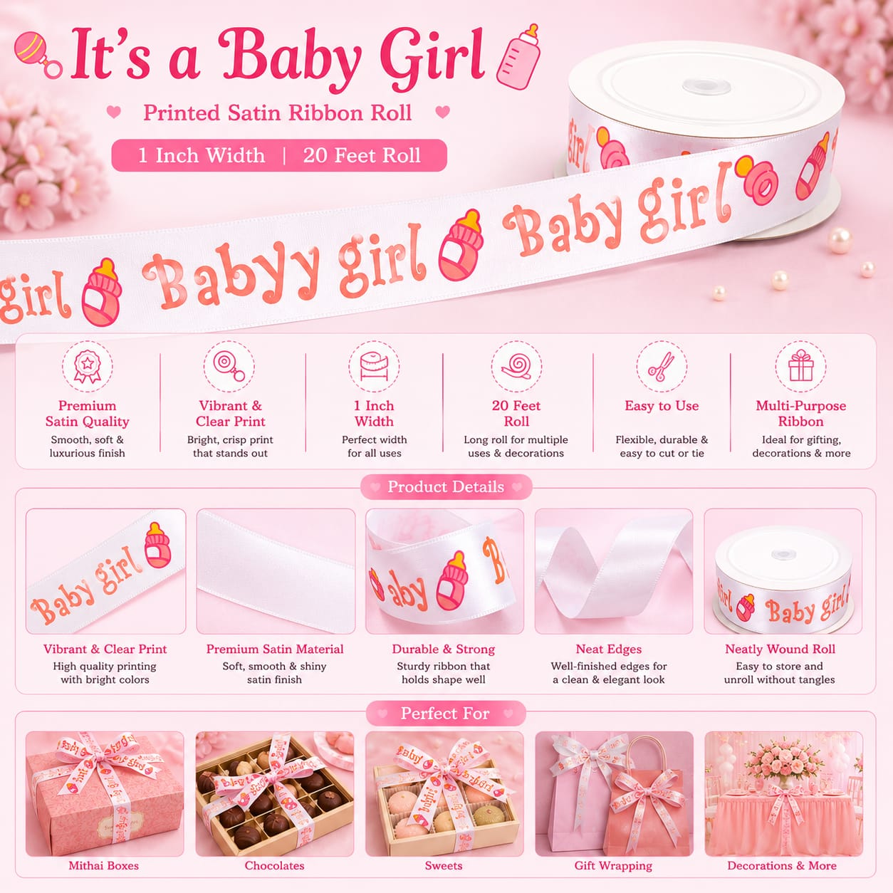 30ft It’s A  Girl Ribbon Roll for Baby Girl Announcement Gift Boxes Wrapping view 3