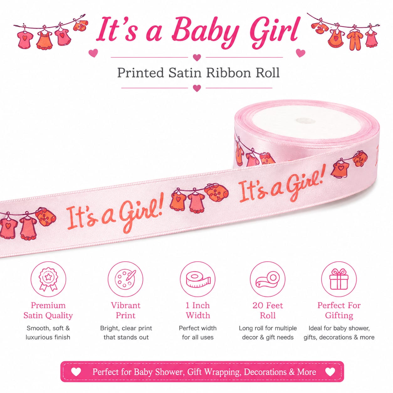 30ft It’s A Girl Ribbon Roll for Baby Announcement Wrapping Gift boxes