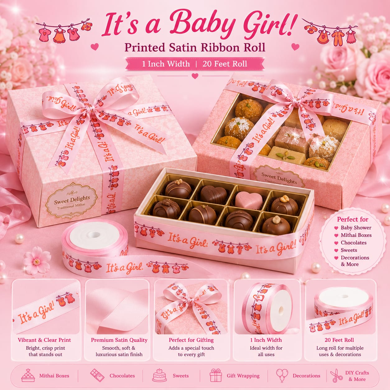 30ft It’s A Girl Ribbon Roll for Baby Announcement Wrapping Gift boxes view 2
