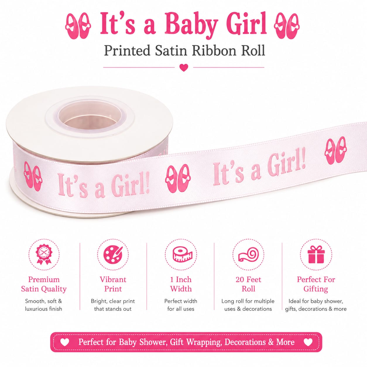 30ft It’s A Girl Printed Ribbon Roll Satin Material for Baby Girl Boxes Gift Wrapping