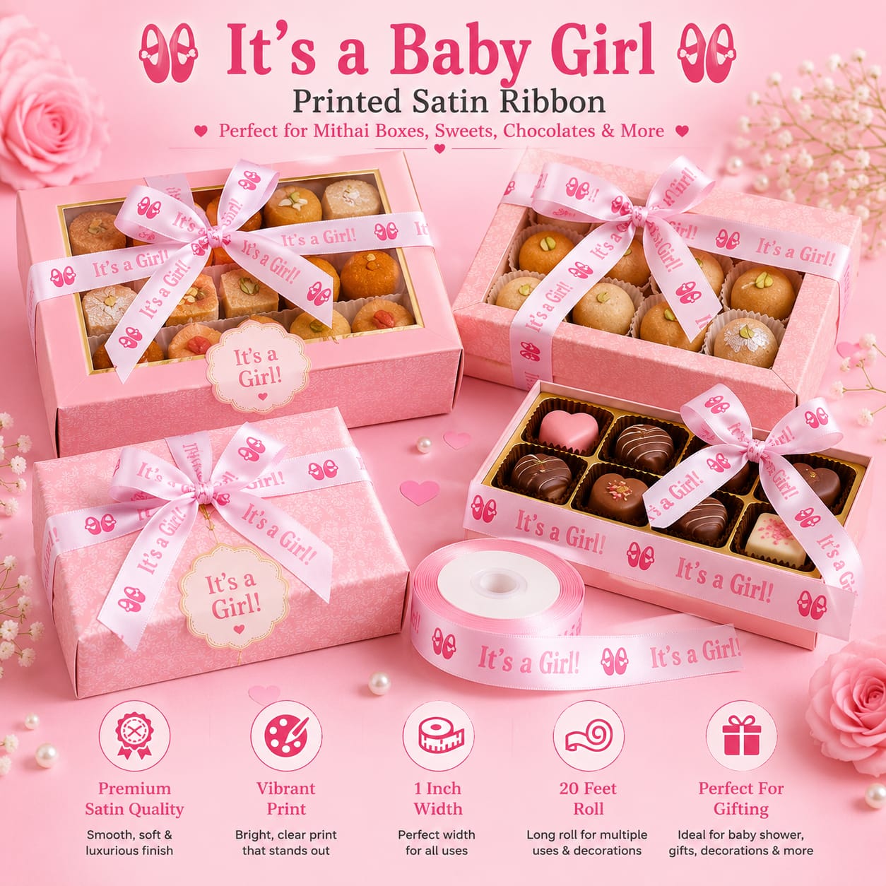 30ft It’s A Girl Printed Ribbon Roll Satin Material for Baby Girl Boxes Gift Wrapping view 2
