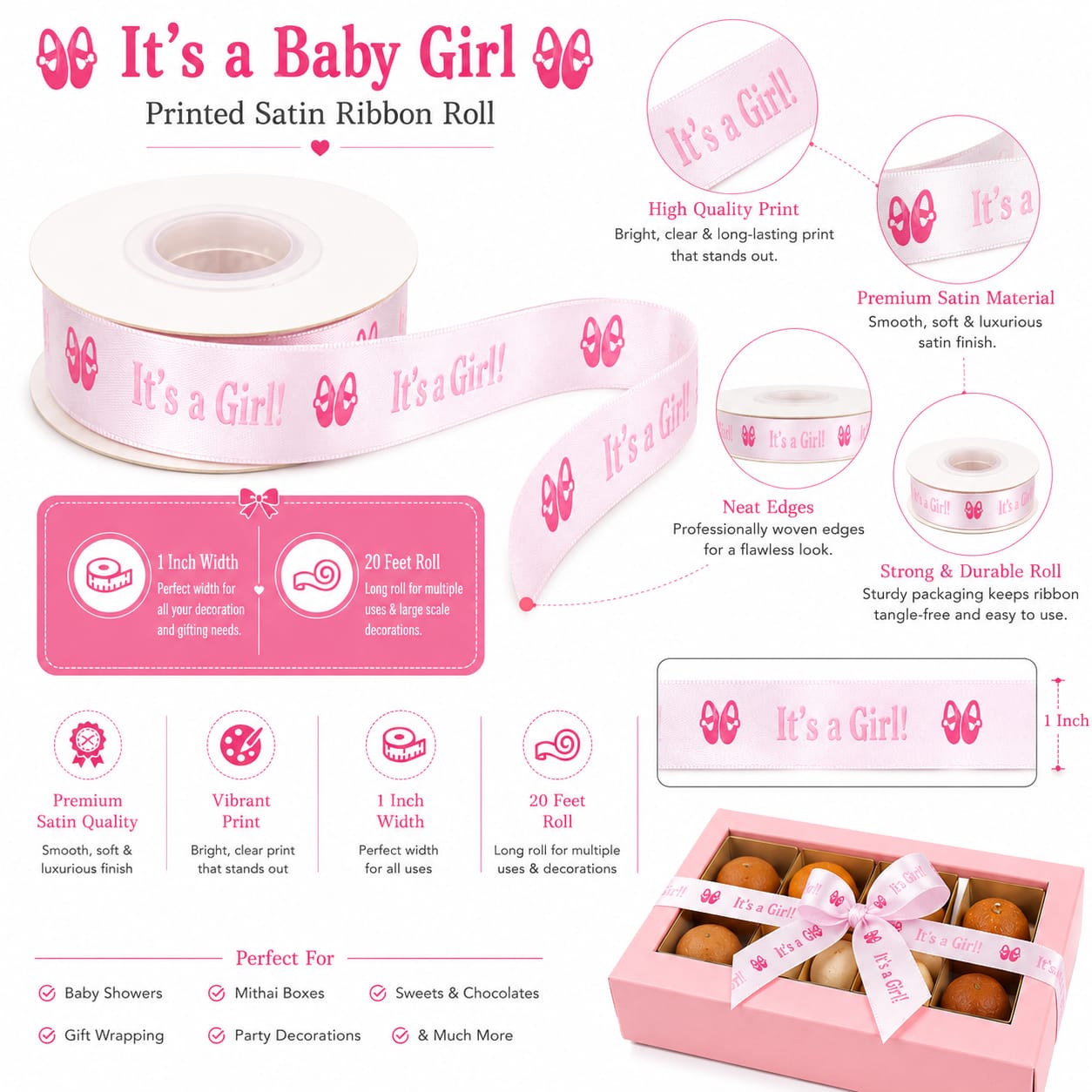 30ft It’s A Girl Printed Ribbon Roll Satin Material for Baby Girl Boxes Gift Wrapping view 3