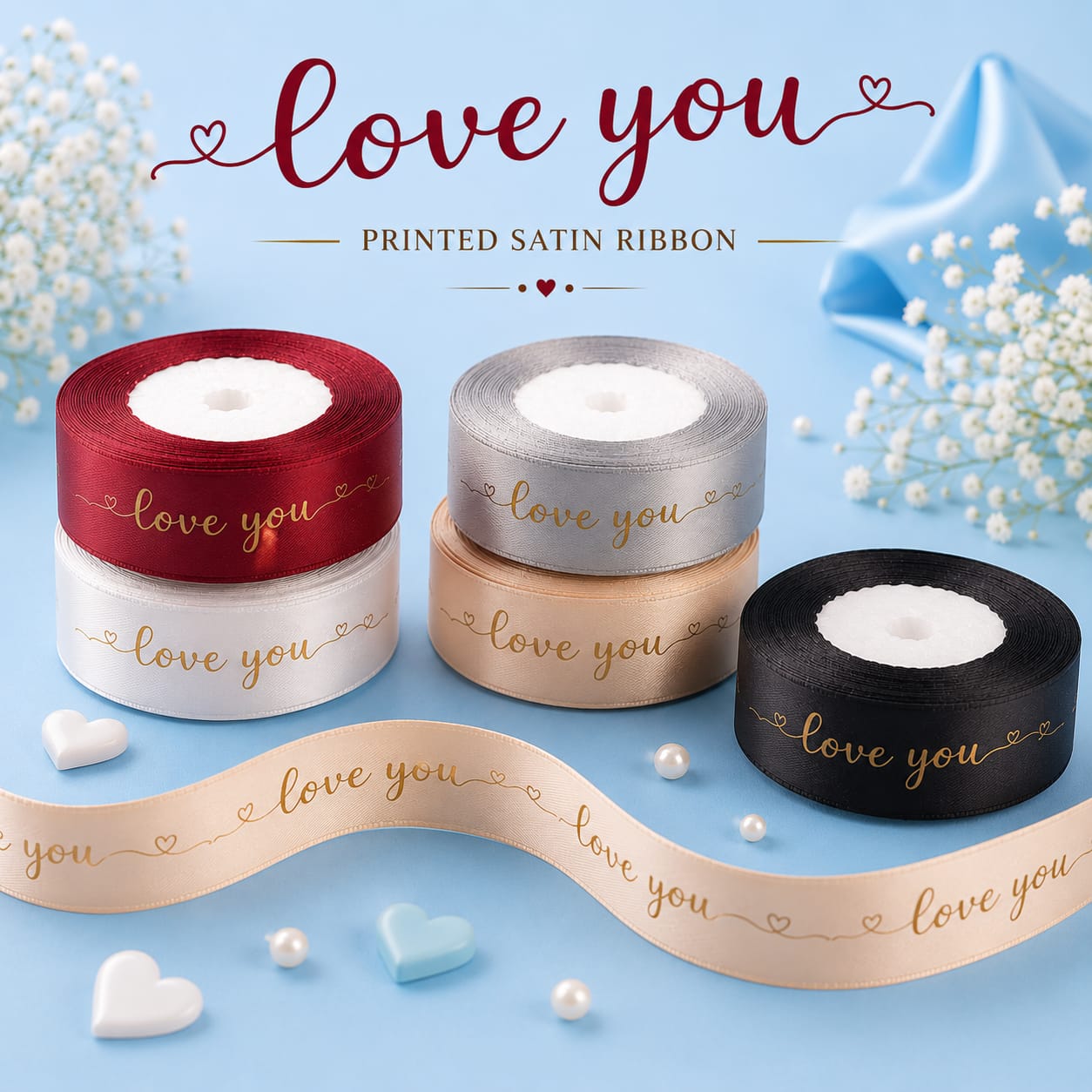 30ft Love You Printed Satin Ribbon Roll for Gift Wrapping