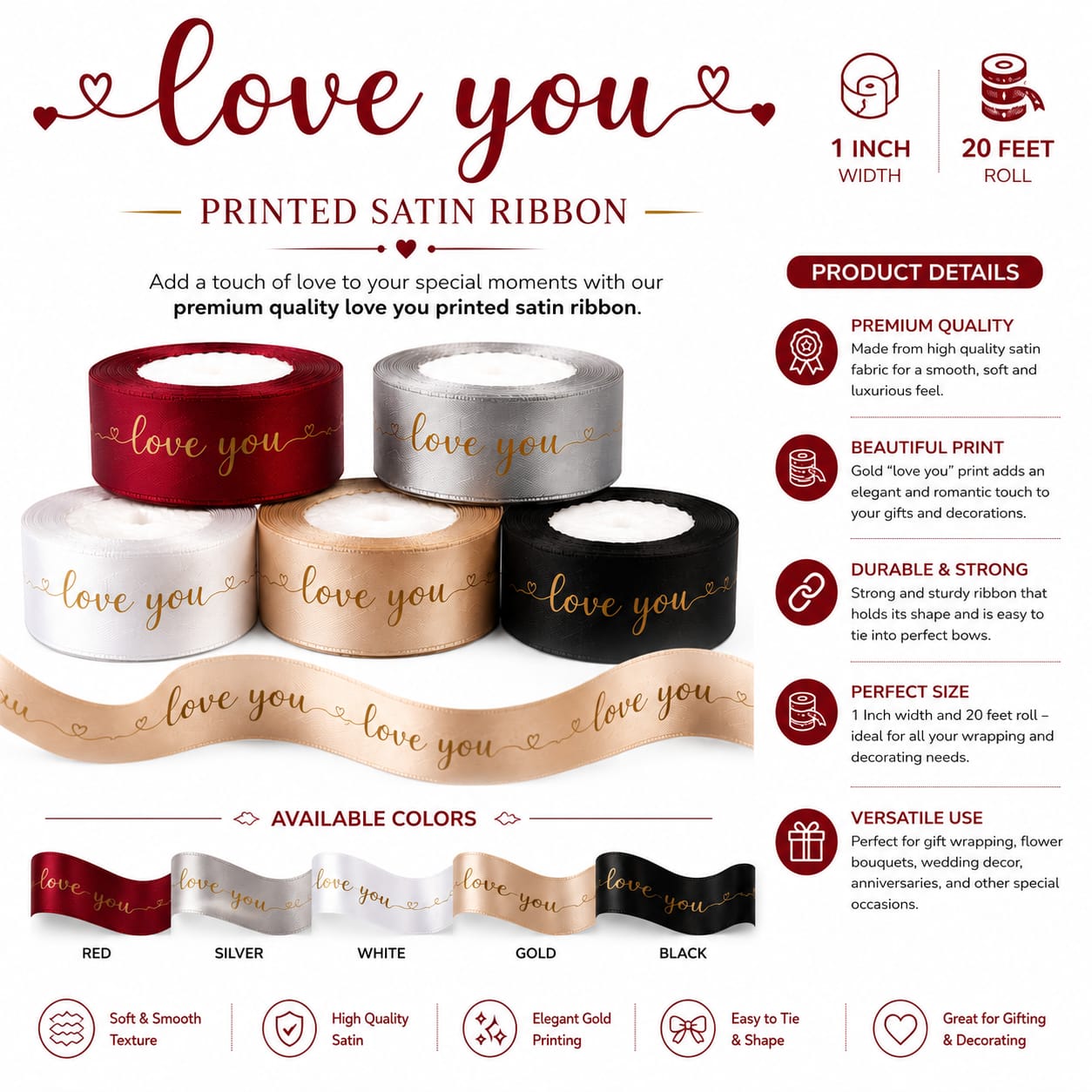 30ft Love You Printed Satin Ribbon Roll for Gift Wrapping view 2