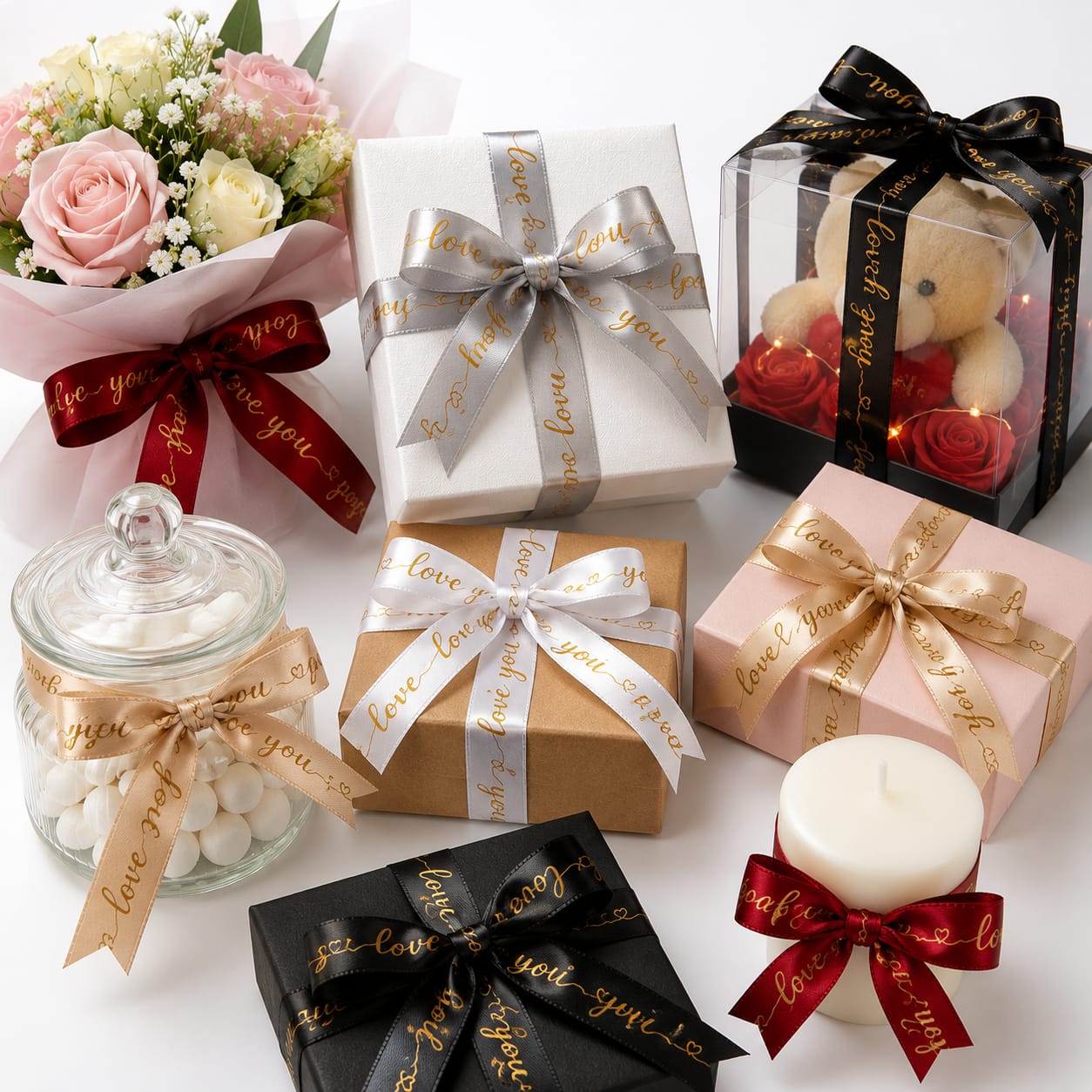 30ft Love You Printed Satin Ribbon Roll for Gift Wrapping view 3
