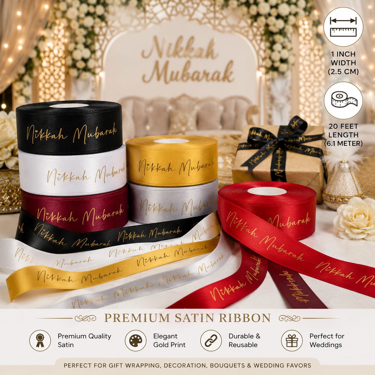 30ft Nikkah Mubarak Printed Satin Ribbon for Wedding Gift Wrapping
