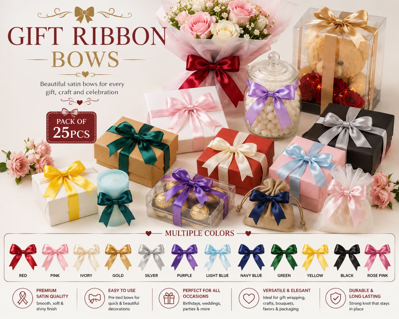 Pack of 25pcs Handmade Satin Gift Ribbon Bows for Gift Wrapping Party Favor Multicolor view 2