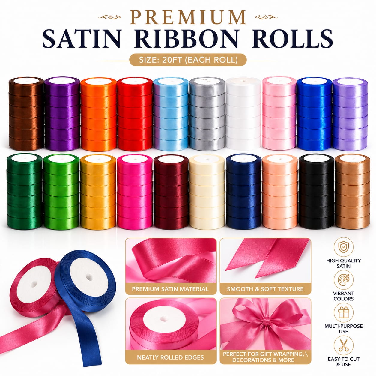 30ft Satin Ribbon Rolls - Multicolor for Wedding Party Gift Wrapping
