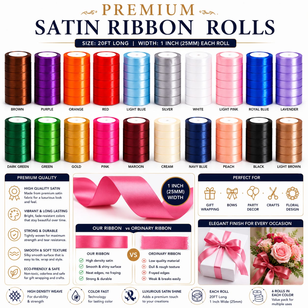 30ft Satin Ribbon Rolls - Multicolor for Wedding Party Gift Wrapping view 2