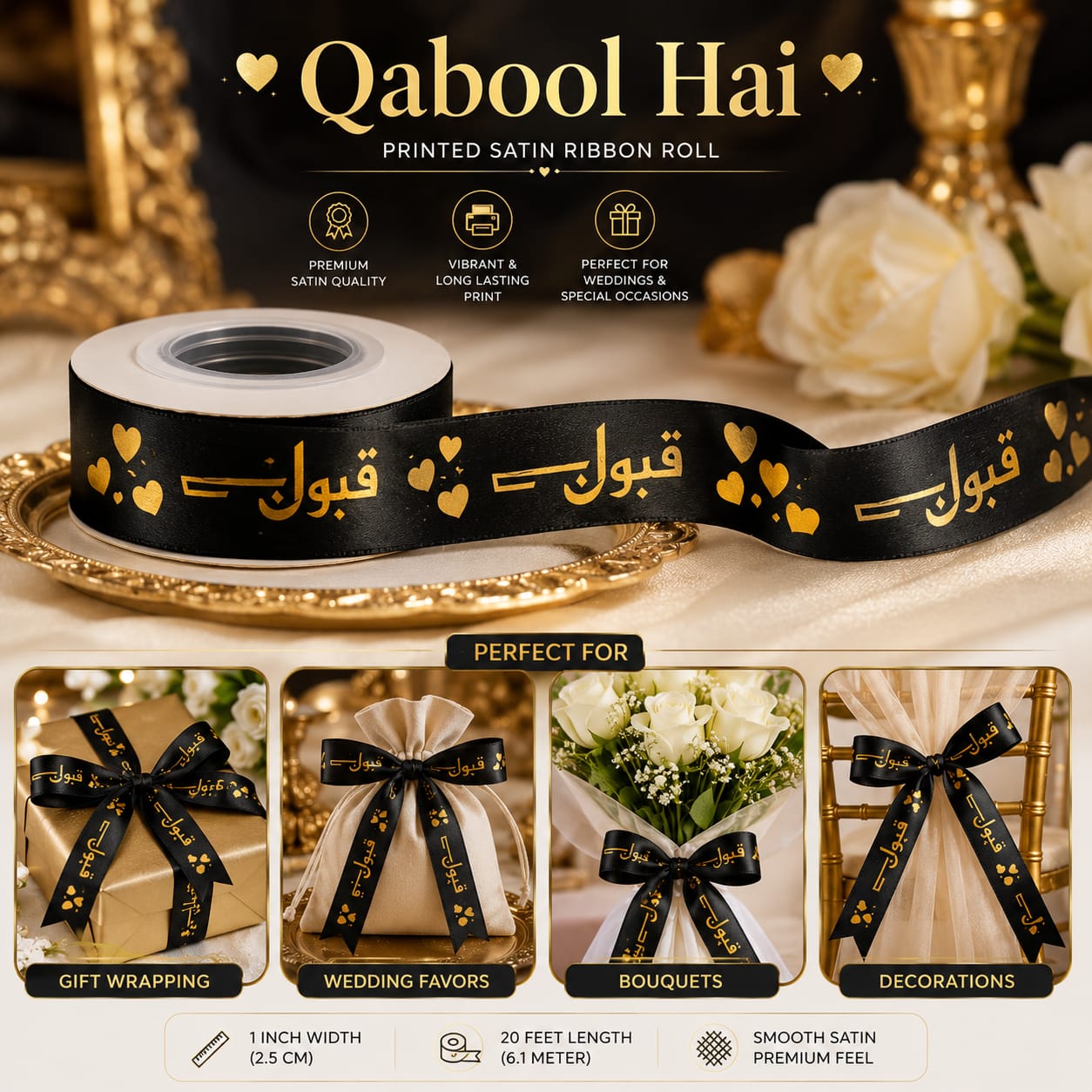 30ft Qabool Hai Printed Satin Wedding Ribbon for Gift Wrapping view 3