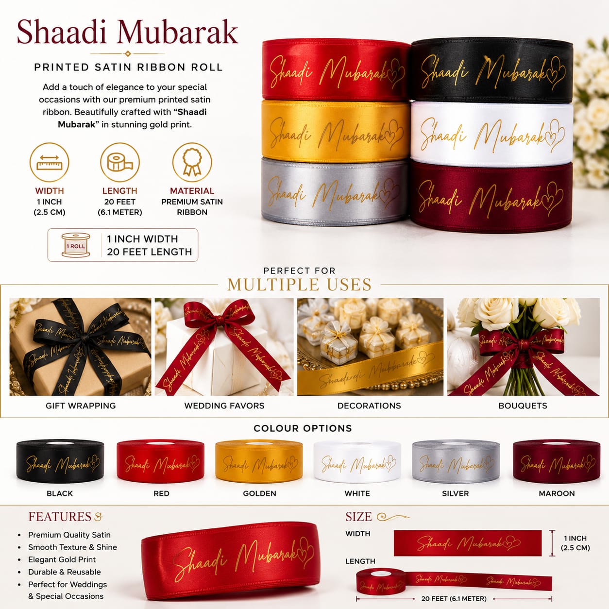 30ft Shaadi Mubarak Printed Satin Ribbon Roll for Wedding Gift Wrapping view 2