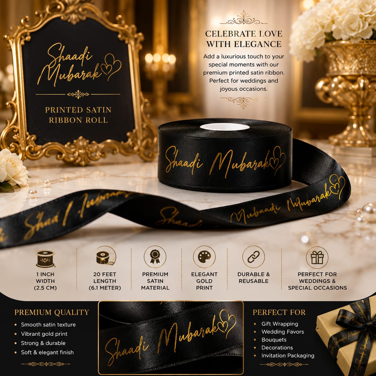 30ft Shaadi Mubarak Printed Satin Ribbon Roll for Wedding Gift Wrapping view 3