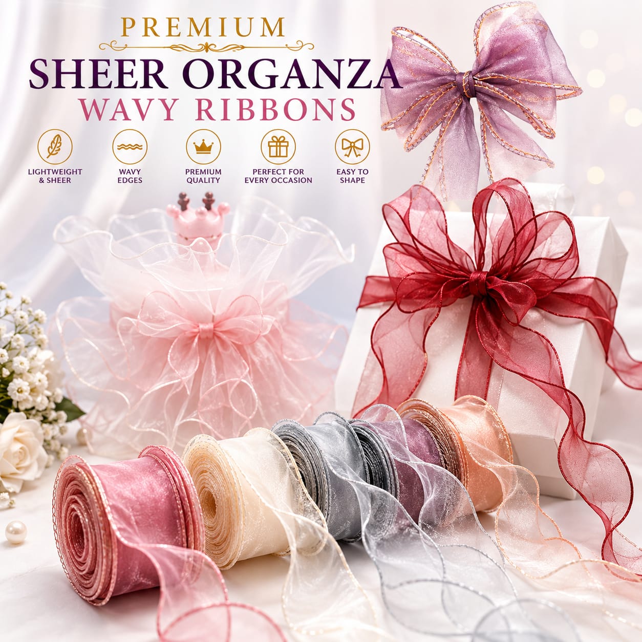 30ft Sheer Organza Wavy Edge Ribbon Roll for Gift Packaging
