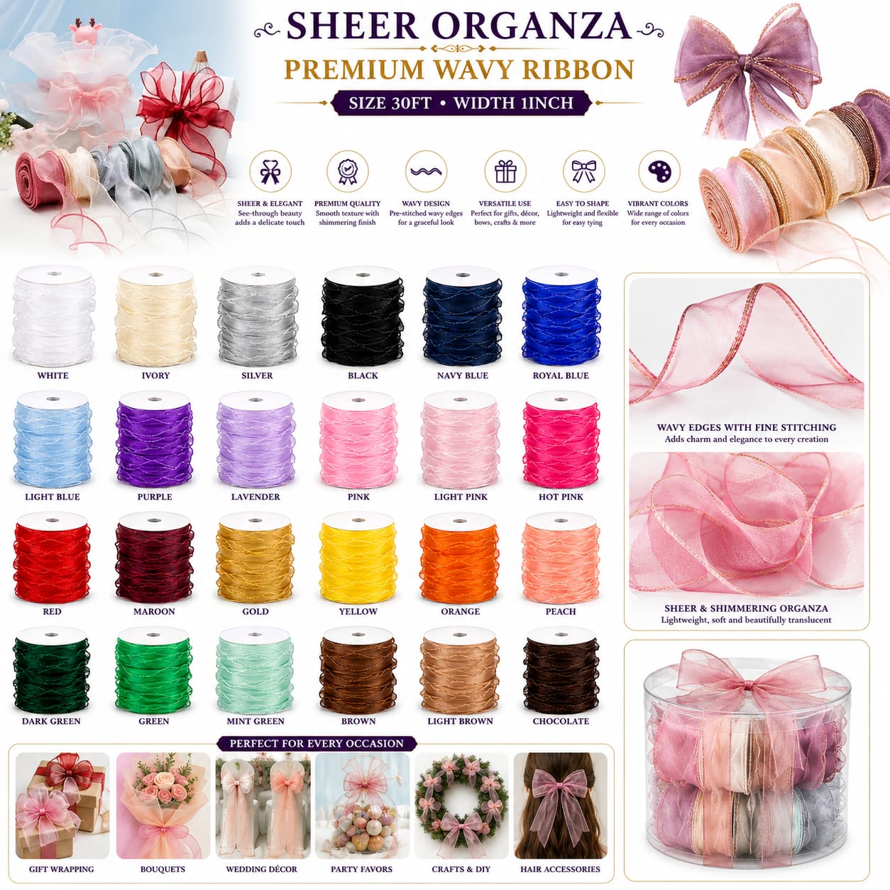 30ft Sheer Organza Wavy Edge Ribbon Roll for Gift Packaging view 3