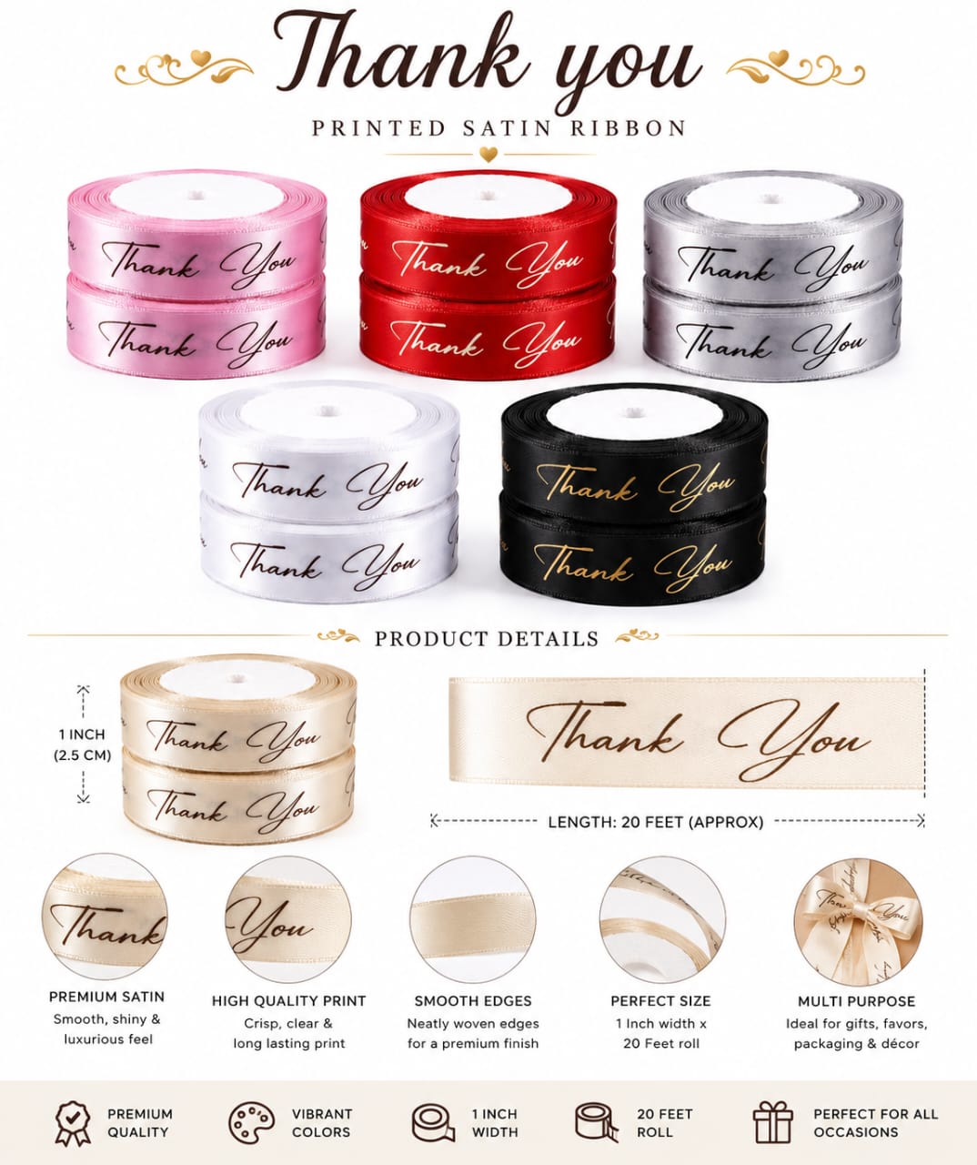 30ft Thank You Printed Satin Ribbon Roll for Gift Packaging view 2