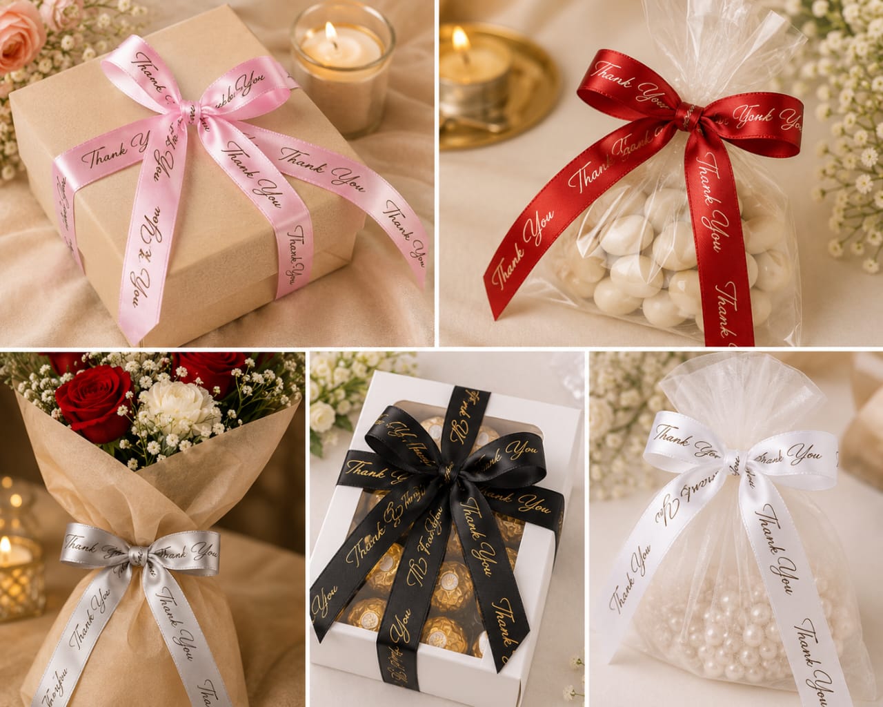 30ft Thank You Printed Satin Ribbon Roll for Gift Packaging view 3