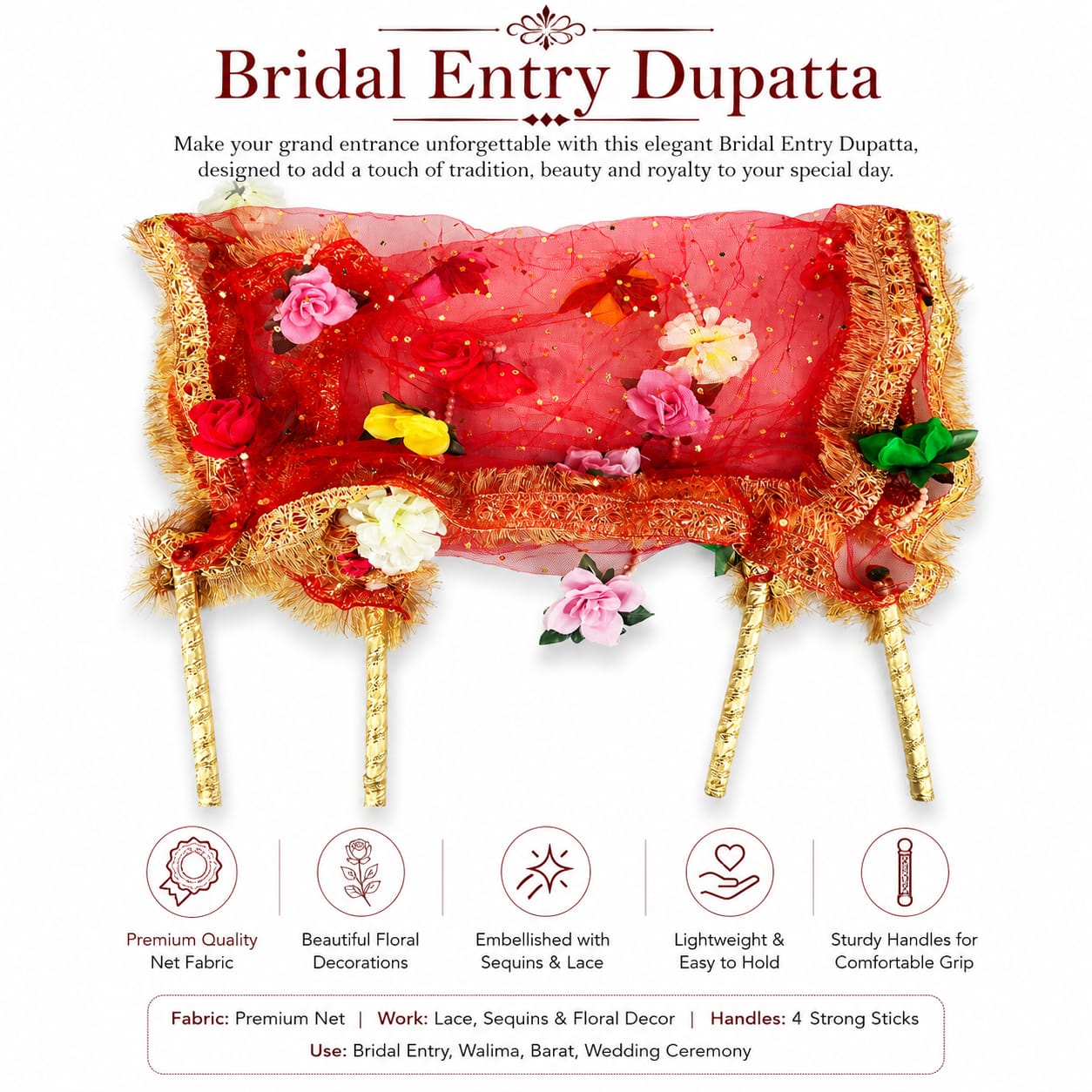 Bridal Entry Dupatta - Entry Chaddar - phoolon ki chaddar with Sticks view 2