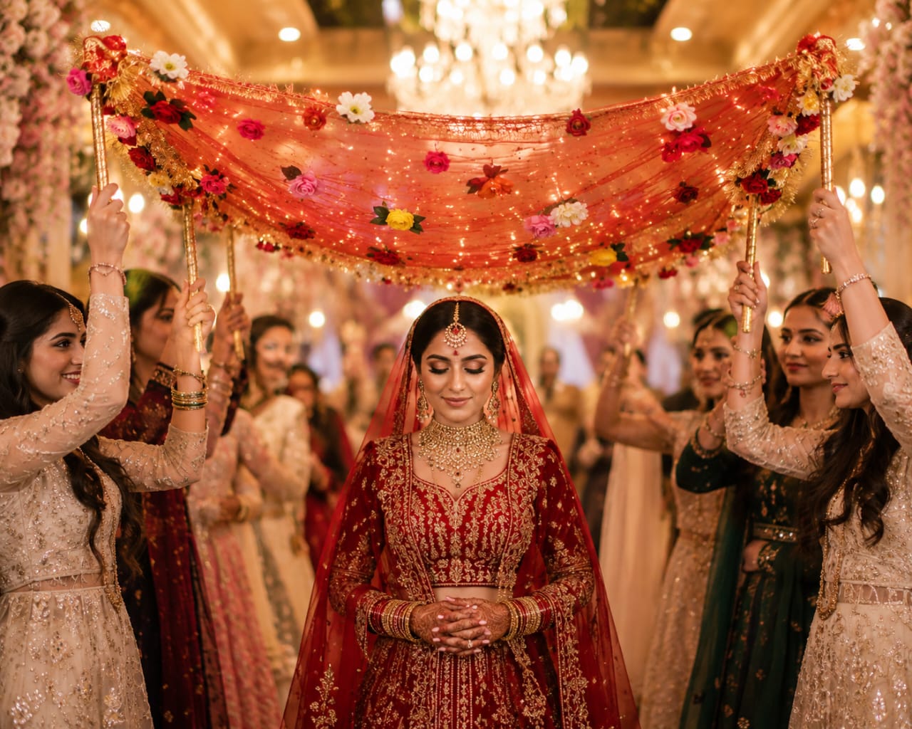 Bridal Entry Dupatta - Entry Chaddar - phoolon ki chaddar with Sticks view 3
