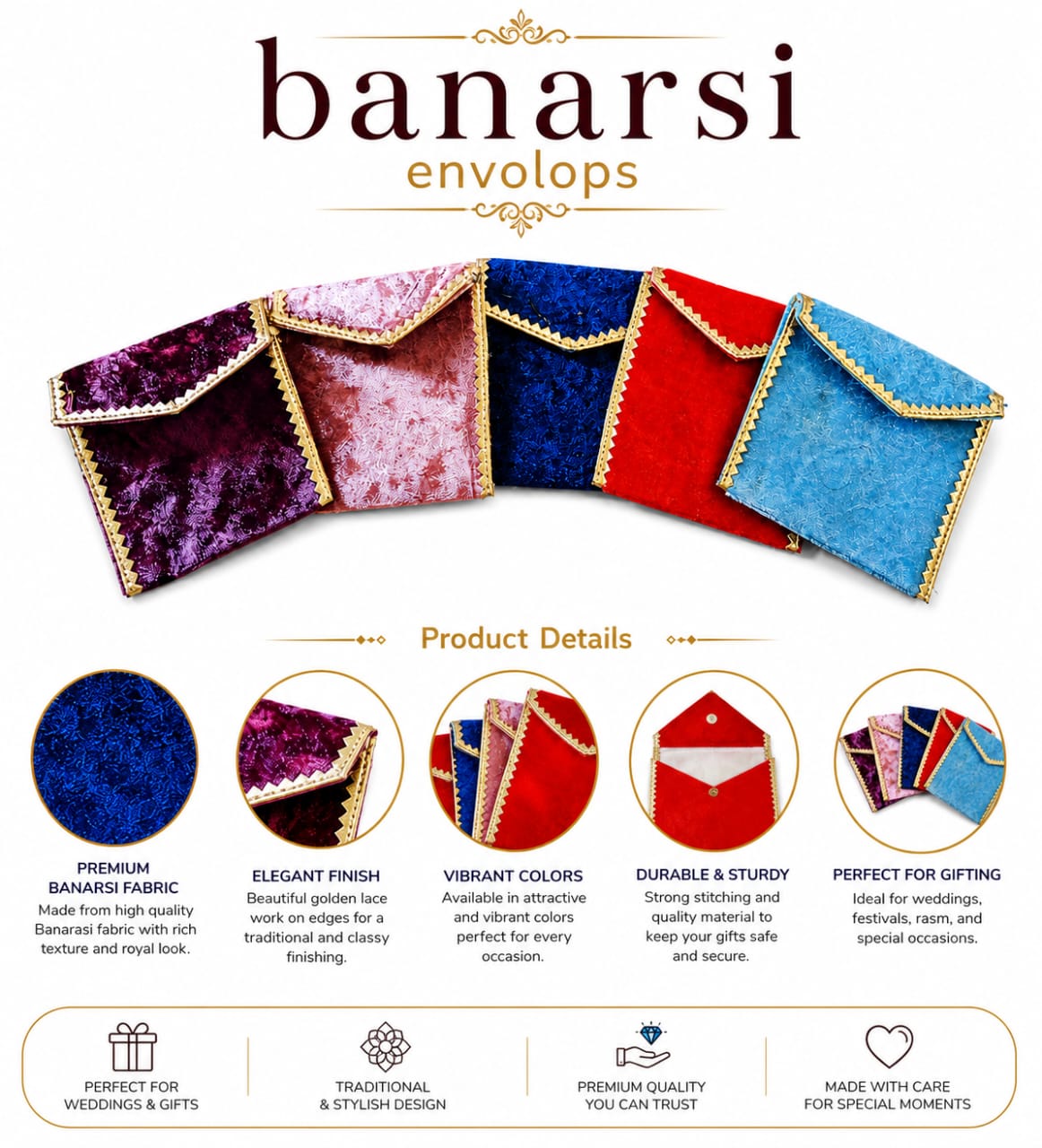 5pcs Handmade traditional Banarsi Money Envelopes Multicolor - wedding Gift