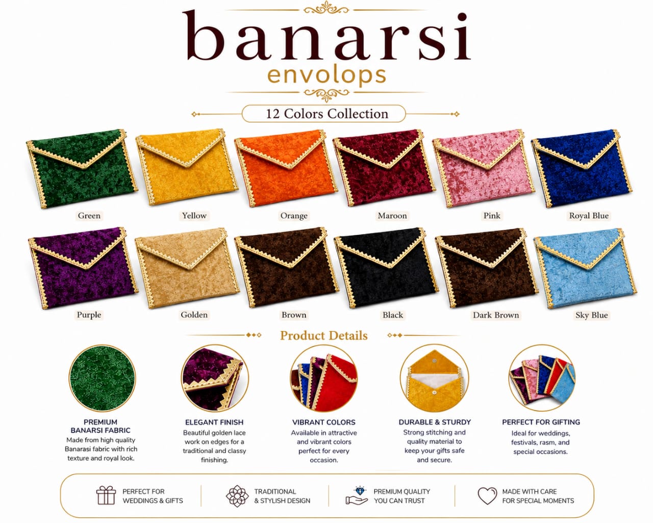 5pcs Handmade traditional Banarsi Money Envelopes Multicolor - wedding Gift view 4