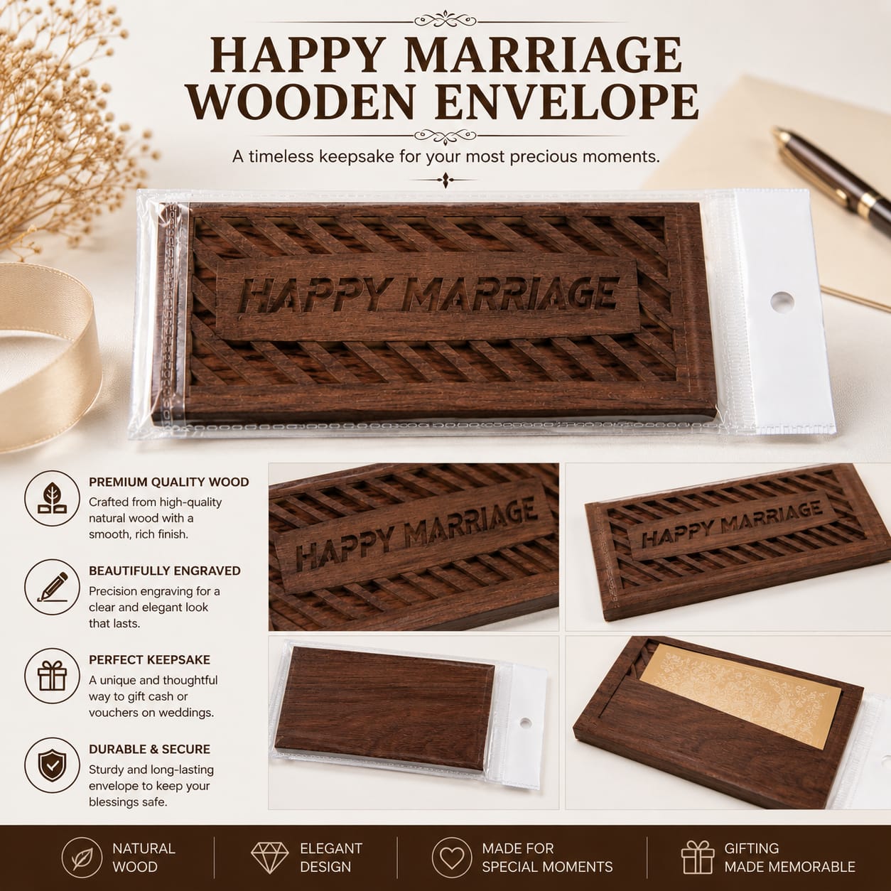 Happy Marriage Wooden Money Gift  Envelope for Bride & Groom view 2