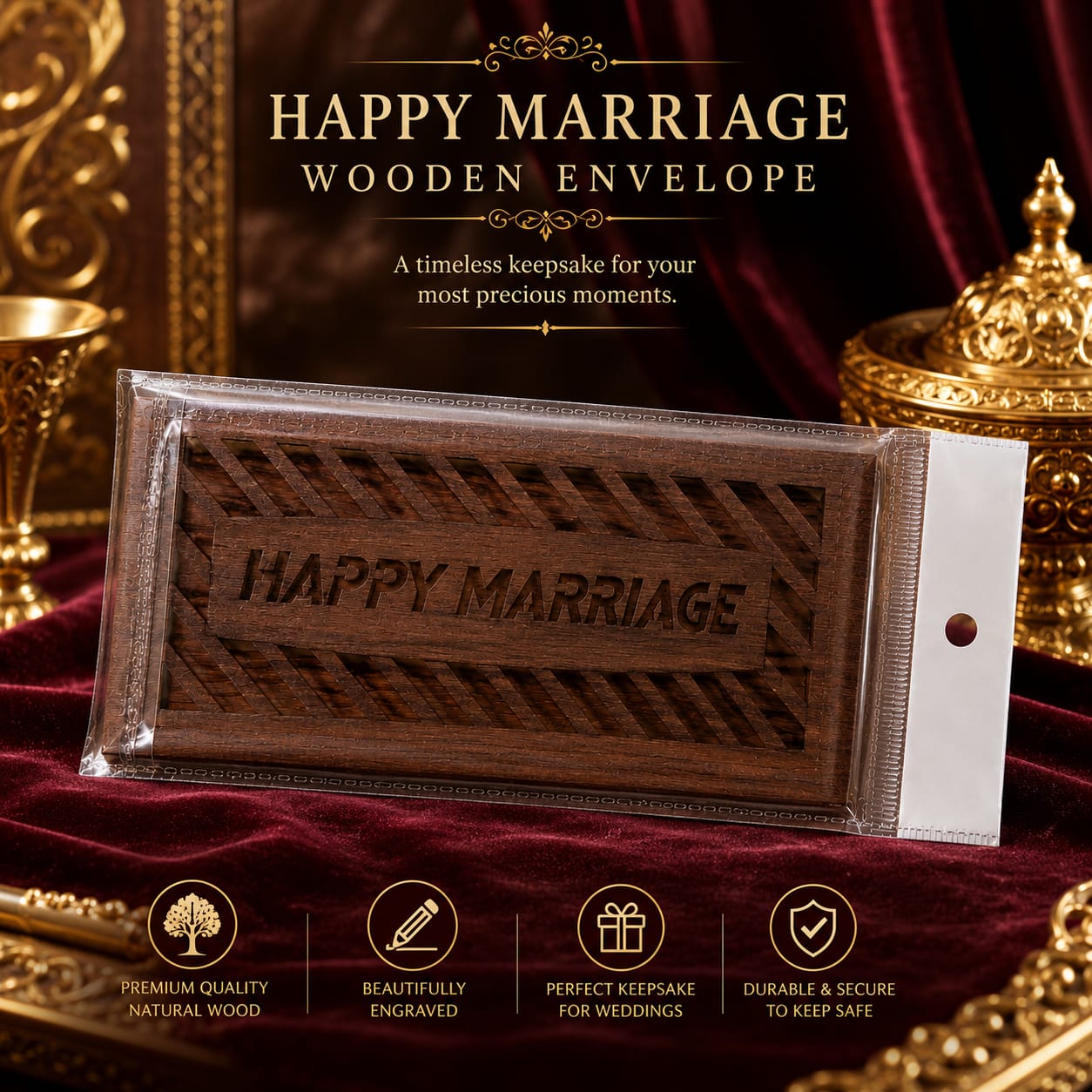 Happy Marriage Wooden Money Gift  Envelope for Bride & Groom view 4