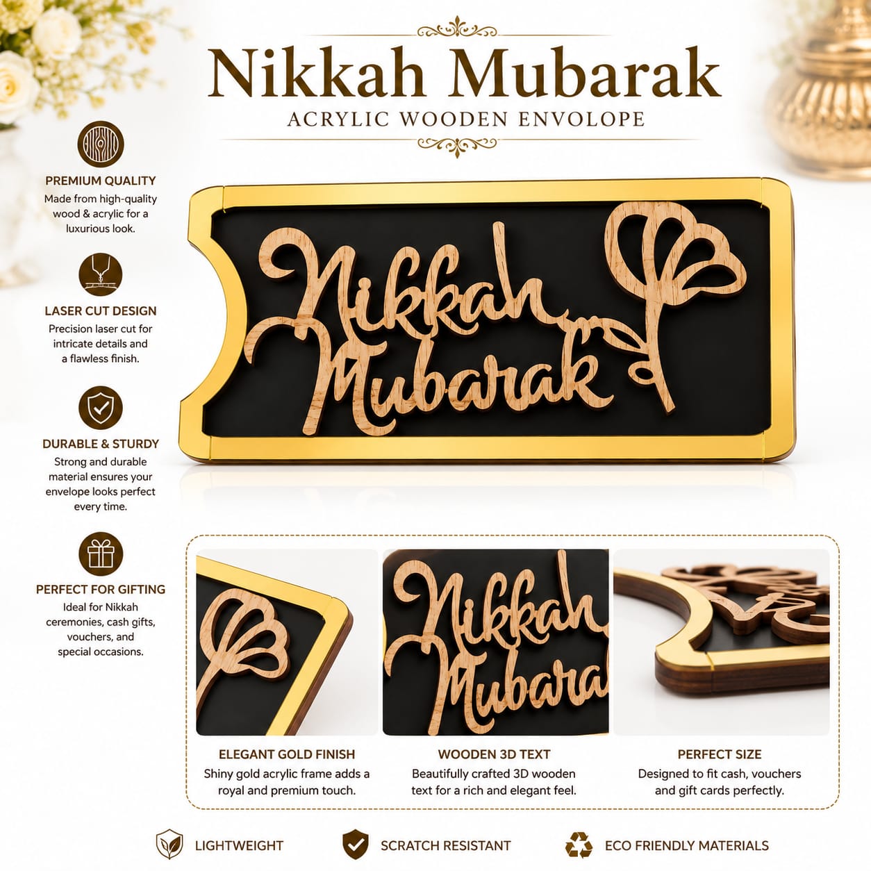 Nikkah Mubarak Acrylic Wooden Gift Money Envelope view 2
