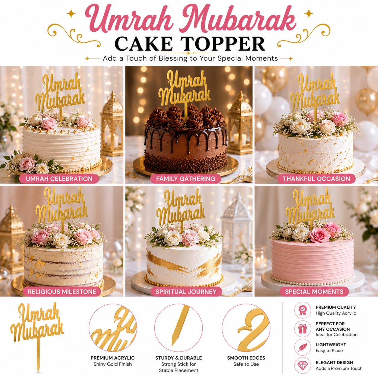 Umrah Mubarak Acrylic Cake Topper - Welcome Home party celebration view 2