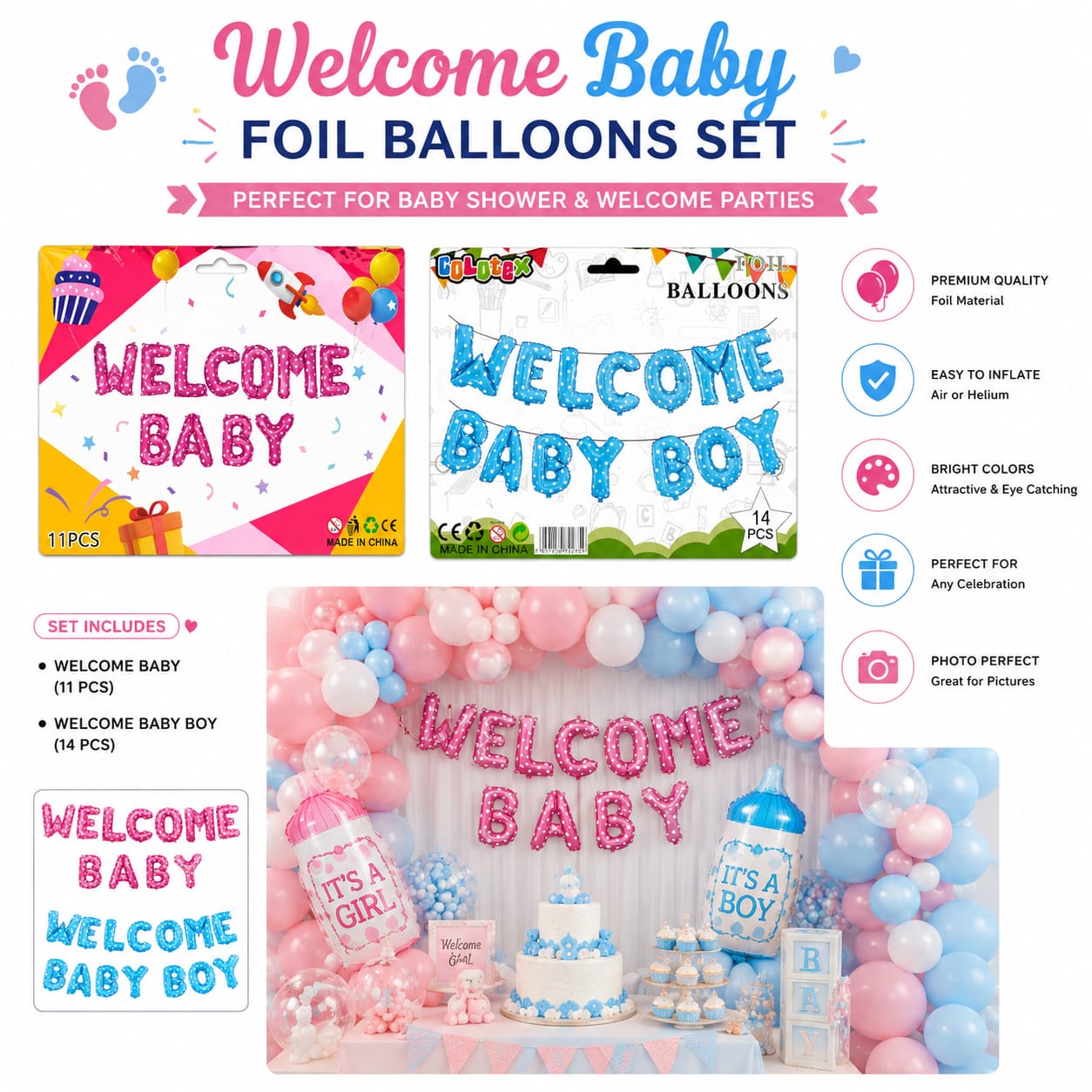 Welcome Baby foil balloons set for Baby Shower Welcome Party Celebration view 3