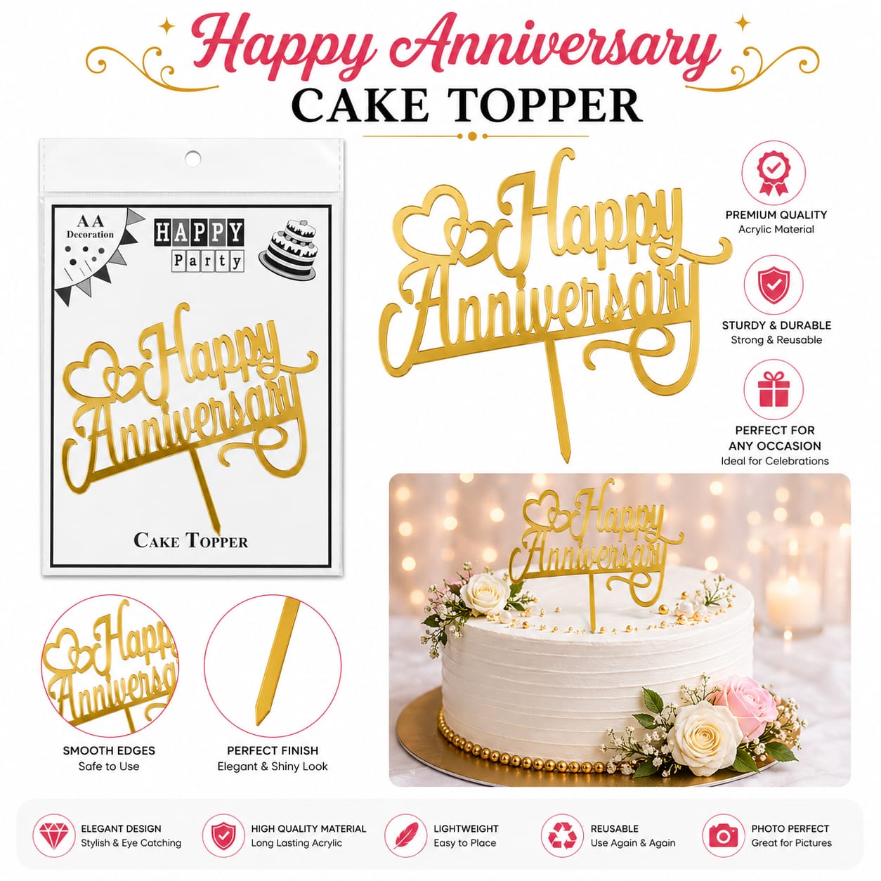 Happy Anniversary Acrylic Cake Topper - party favor view 2