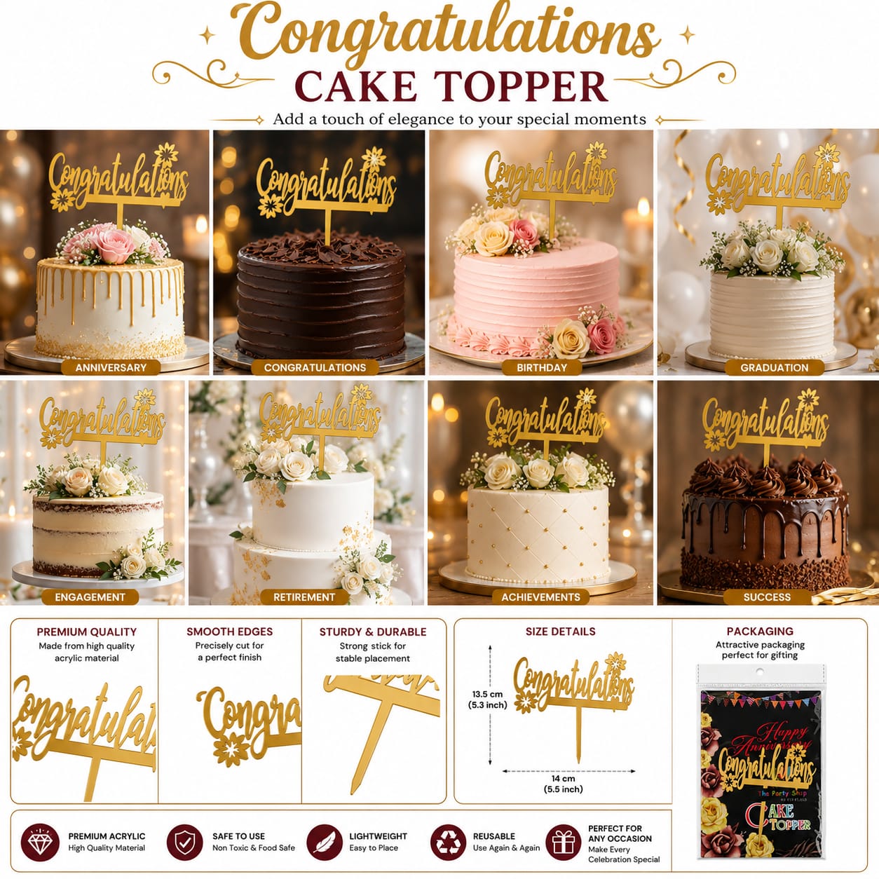 Congratulations Acrylic Cake Topper - Party Favor